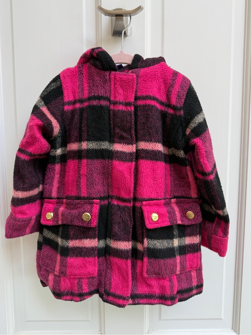 Madden Girl 4 Pink and Black Plaid Hooded Heavy Pea Coat For Colder Weather
